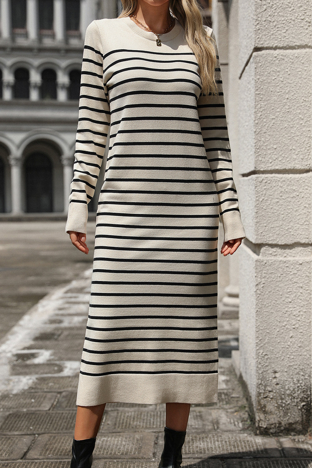 White Striped Casual Knitted Midi Dress - The Fair Lady Shop