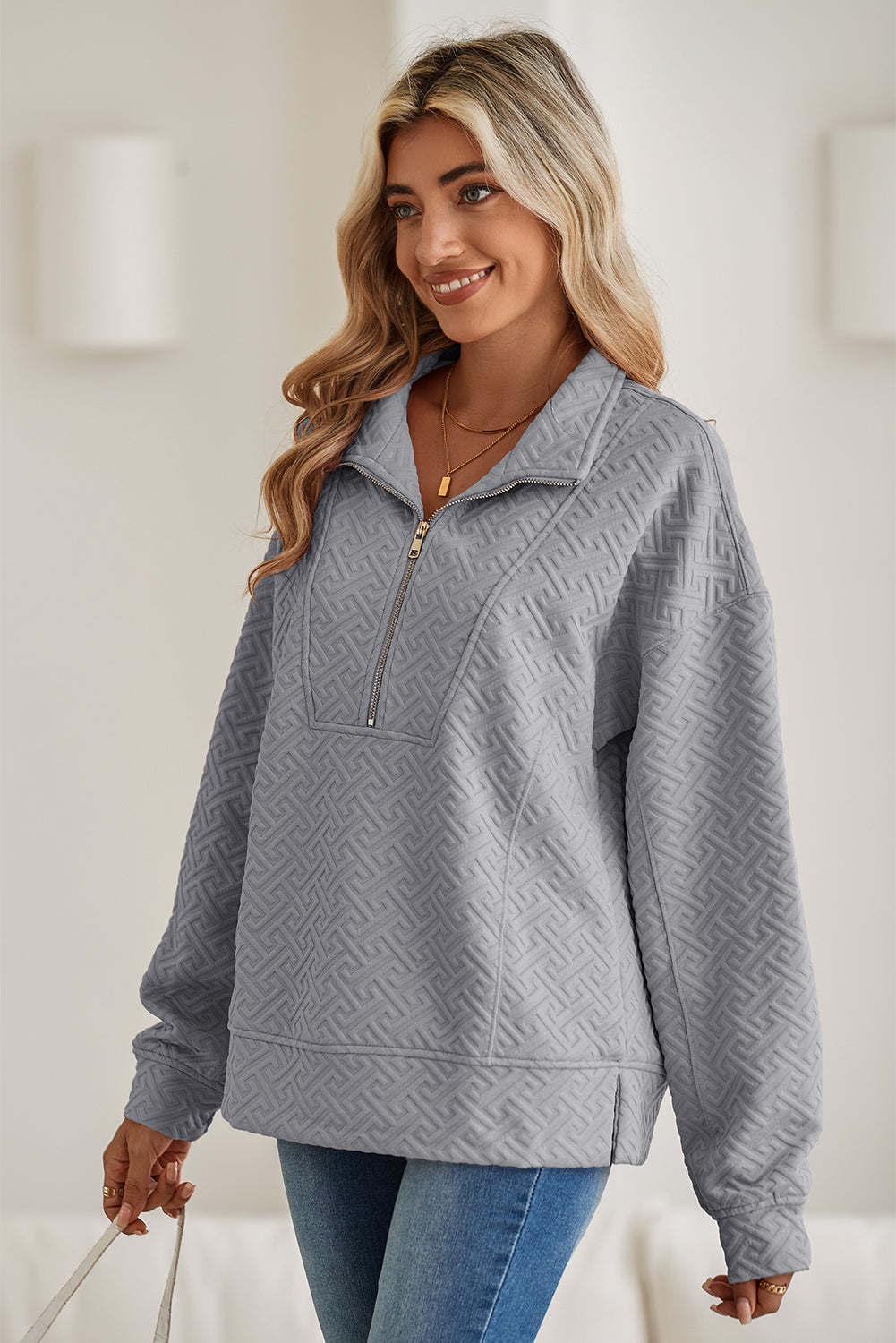 Gray Textured Half Zipper Collared Sweatshirt - The Fair Lady Shop