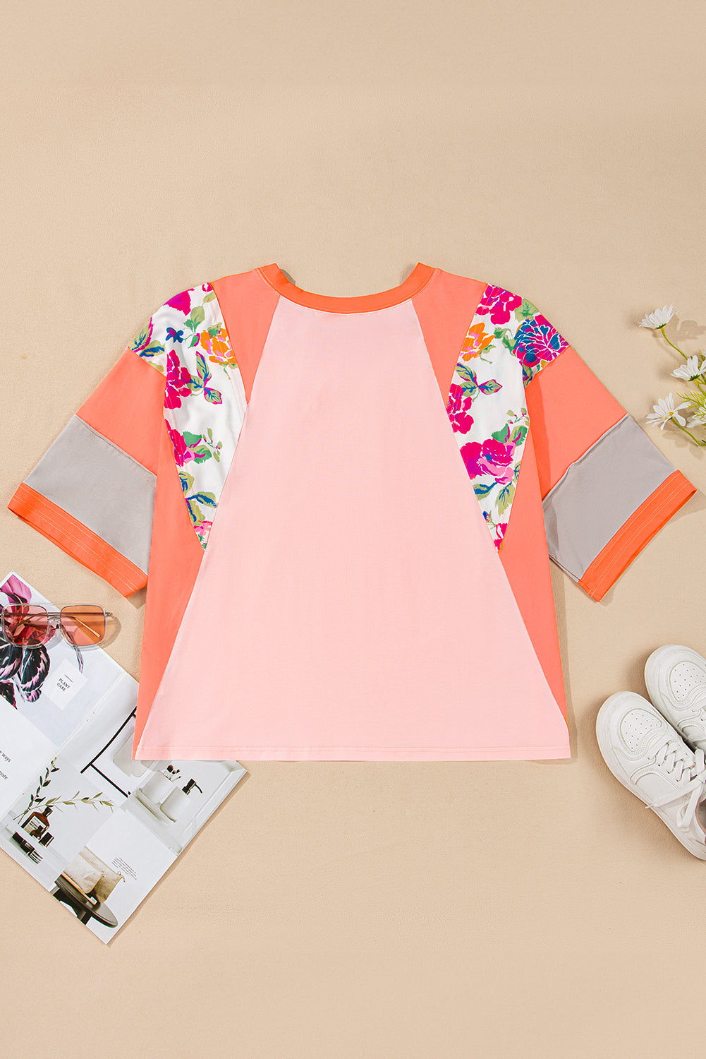 Orange Floral Patchwork Colorblock Plus Size Top - The Fair Lady Shop