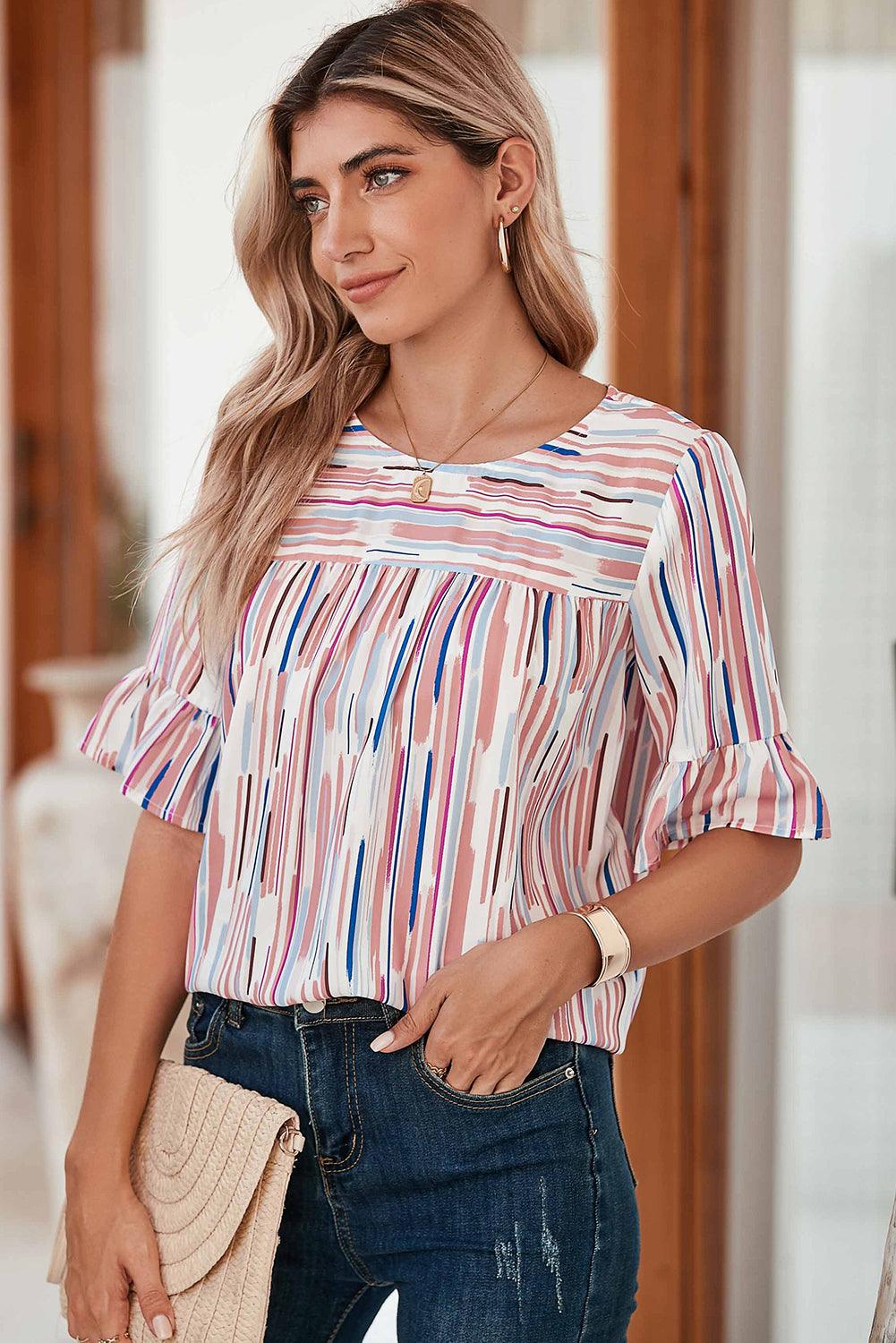 White Abstract Print Ruffle Half Sleeve Blouse - The Fair Lady Shop