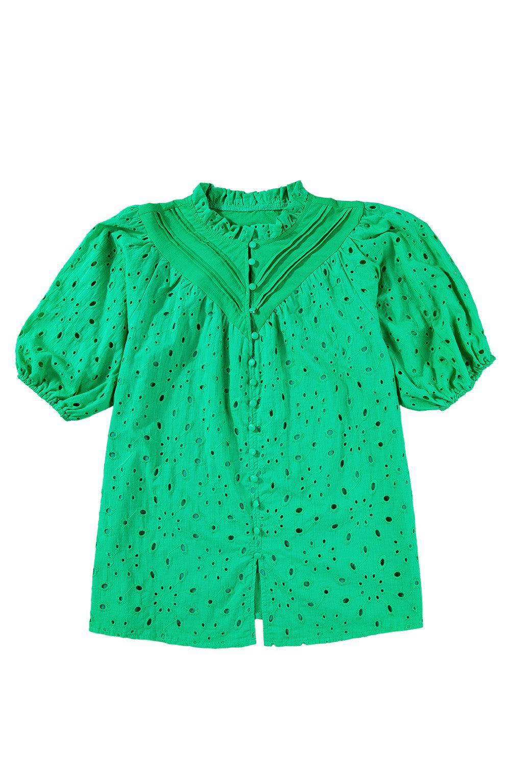 Bonbon Hollow-out Flower Embroidered Short Puff Sleeve Blouse - The Fair Lady Shop