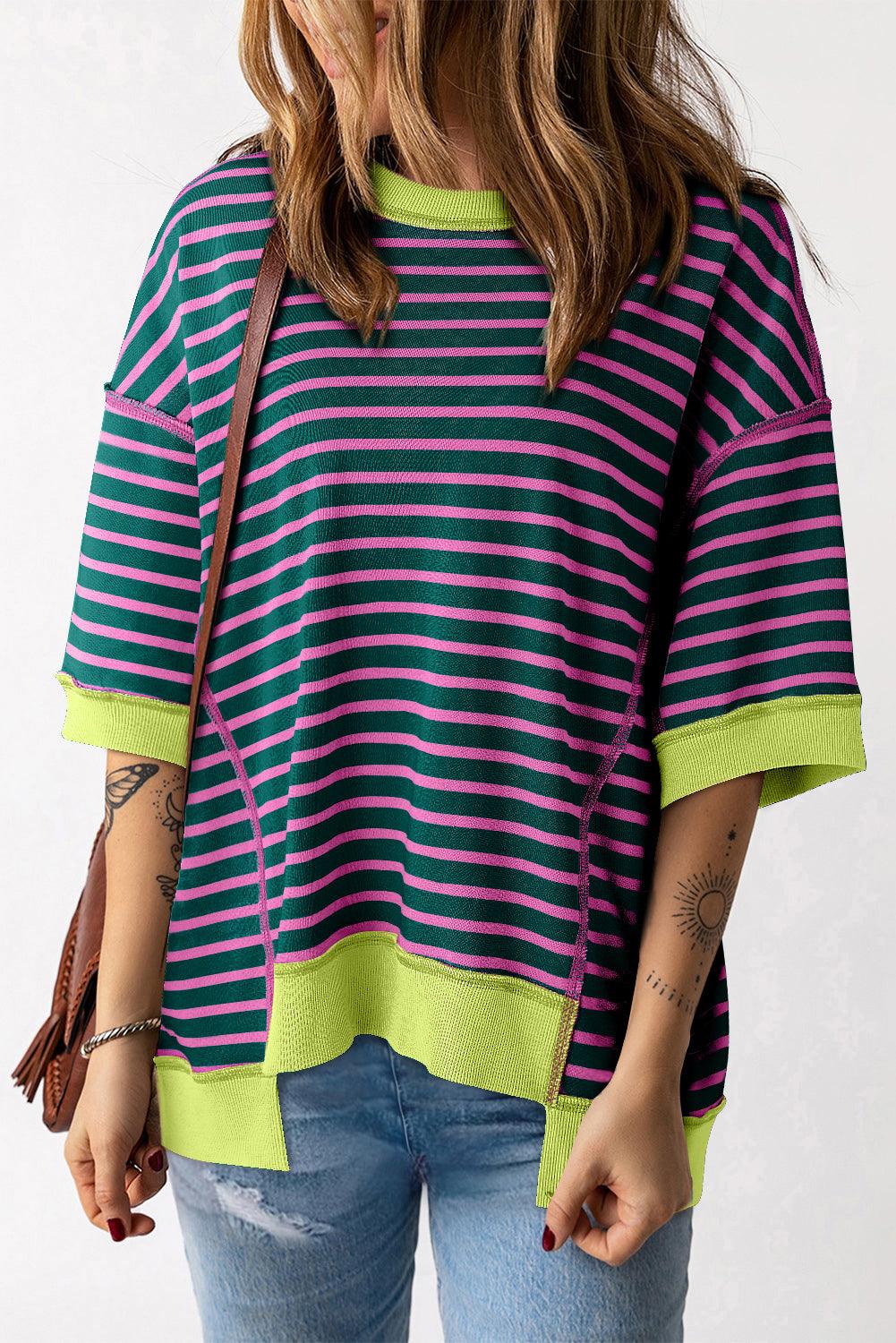 Pink Stripe Colorblock Drop Sleeve Oversized T Shirt - The Fair Lady Shop