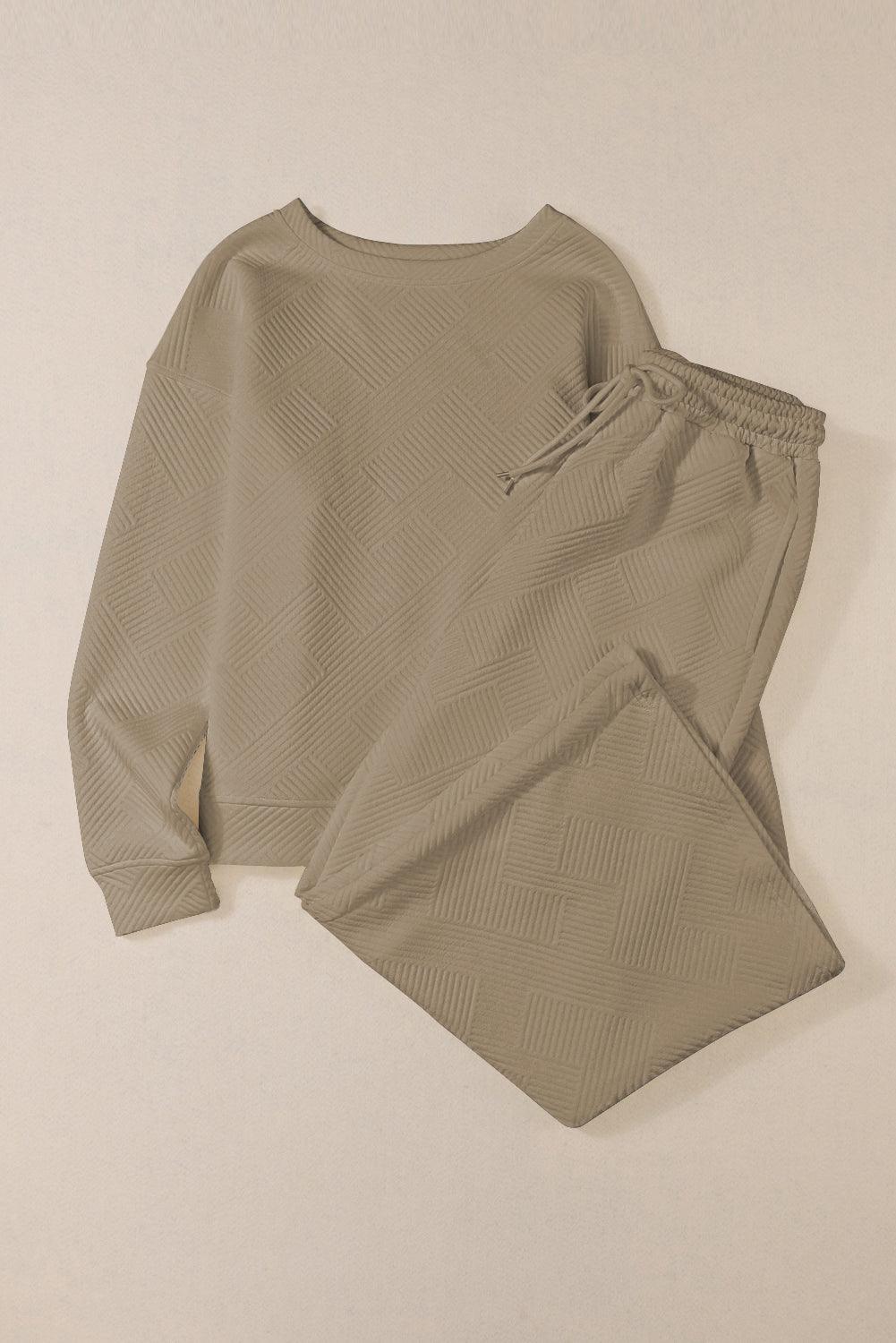 Dark Brown Textured Loose Slouchy Long Sleeve Top and Pants Set - The Fair Lady Shop