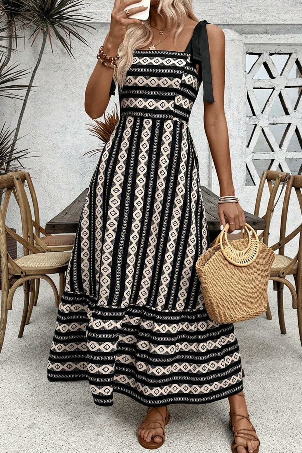 Black Geometric Striped Knot Strap Maxi Dress - The Fair Lady Shop