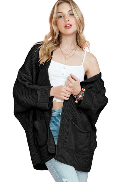 Black Batwing Sleeve Pocket Oversized Cable Knit Cardigan - The Fair Lady Shop