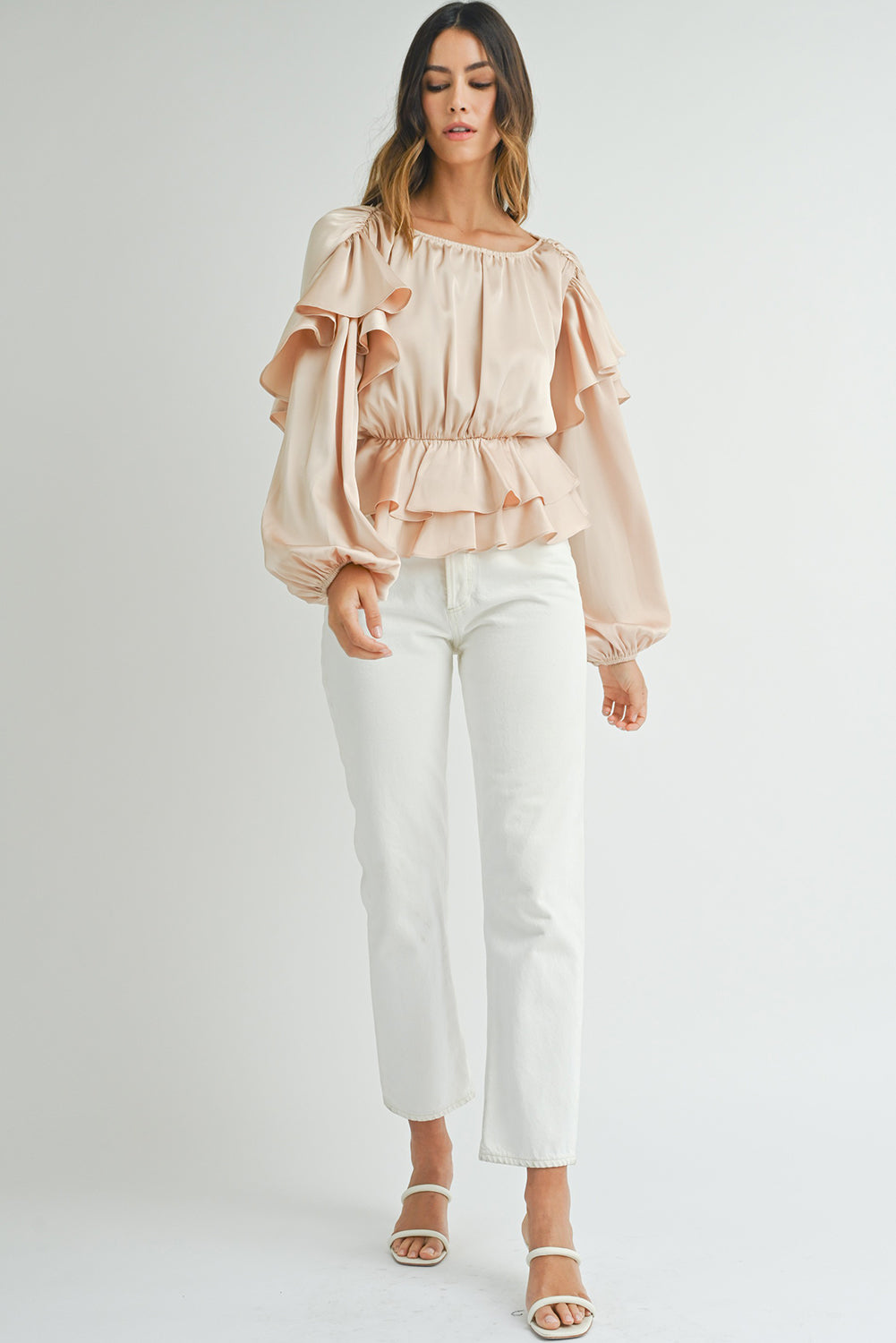 Oatmeal Elegant Satin Ruffle Long Sleeve Blouse - The Fair Lady Shop