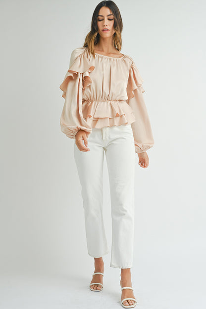 Oatmeal Elegant Satin Ruffle Long Sleeve Blouse - The Fair Lady Shop