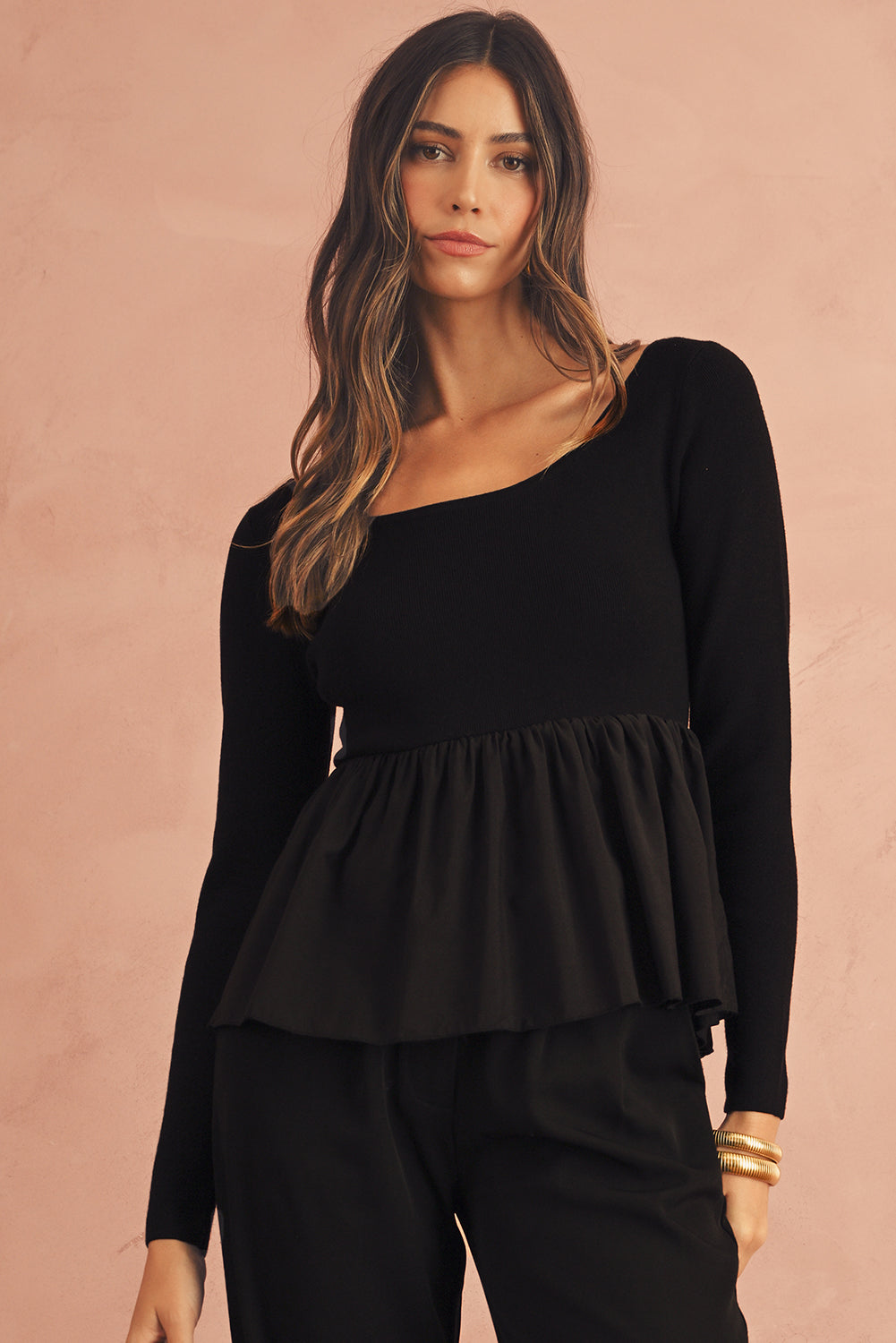 Black Pleated Hem Long Sleeve Ribbed Knit Top - The Fair Lady Shop
