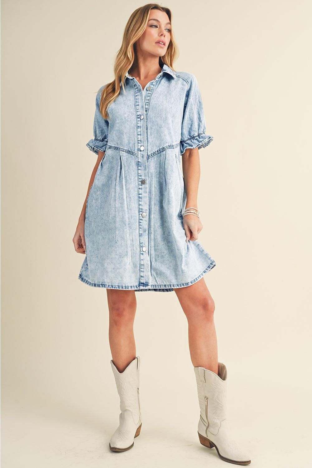 Blue Mineral Washed Ruffled Short Sleeve Pocketed Denim Dress - The Fair Lady Shop