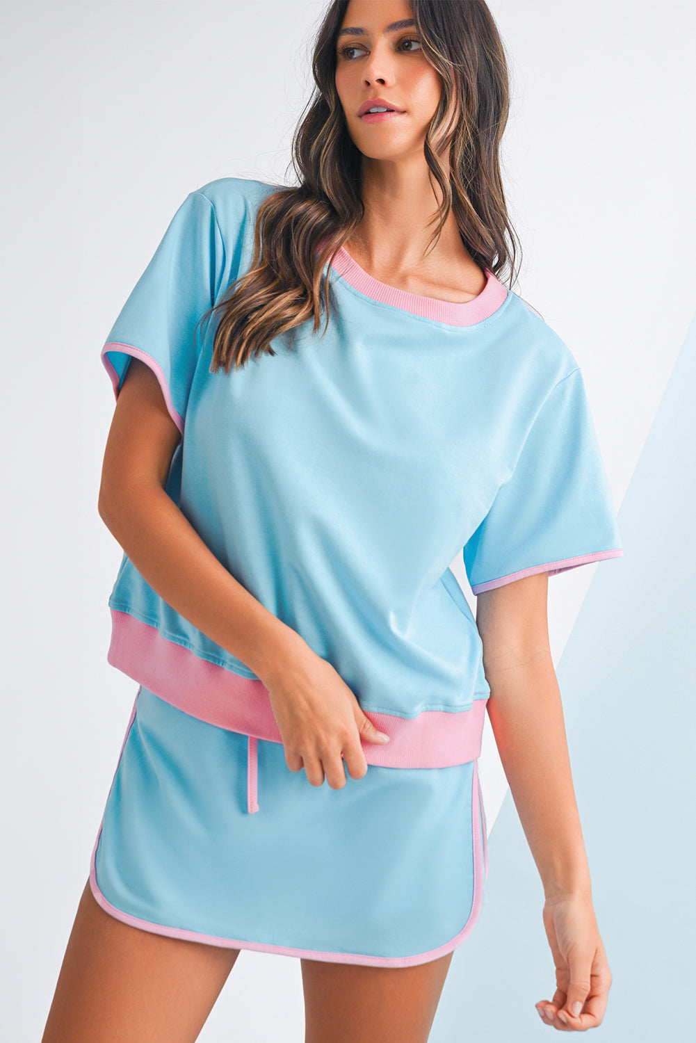 Turquoise Colorblock Edge Drop Shoulder T Shirt and Skort Set