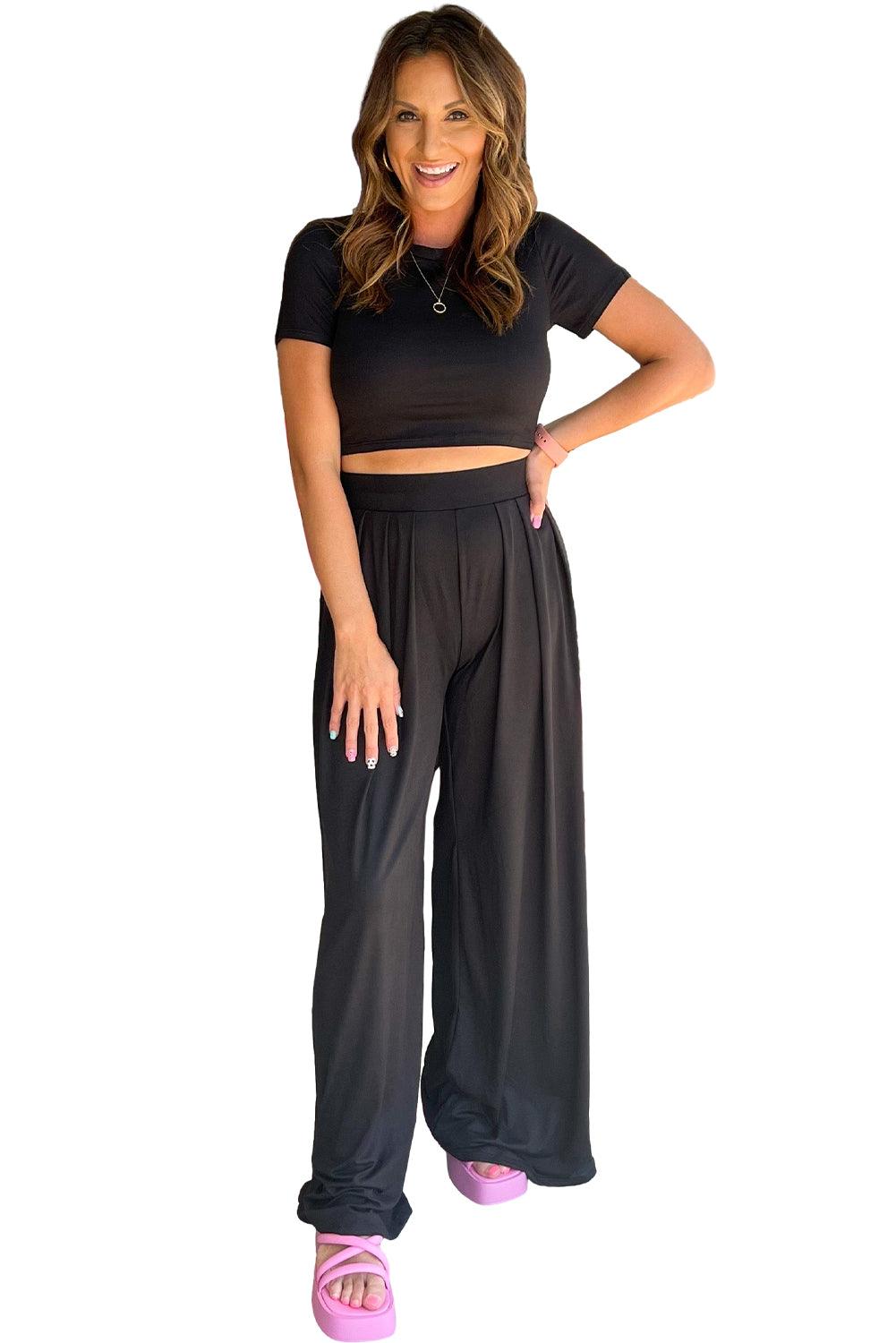Strawberry Pink Plain Slim Fit Crop Top And Wide Leg Pants Set - The Fair Lady Shop