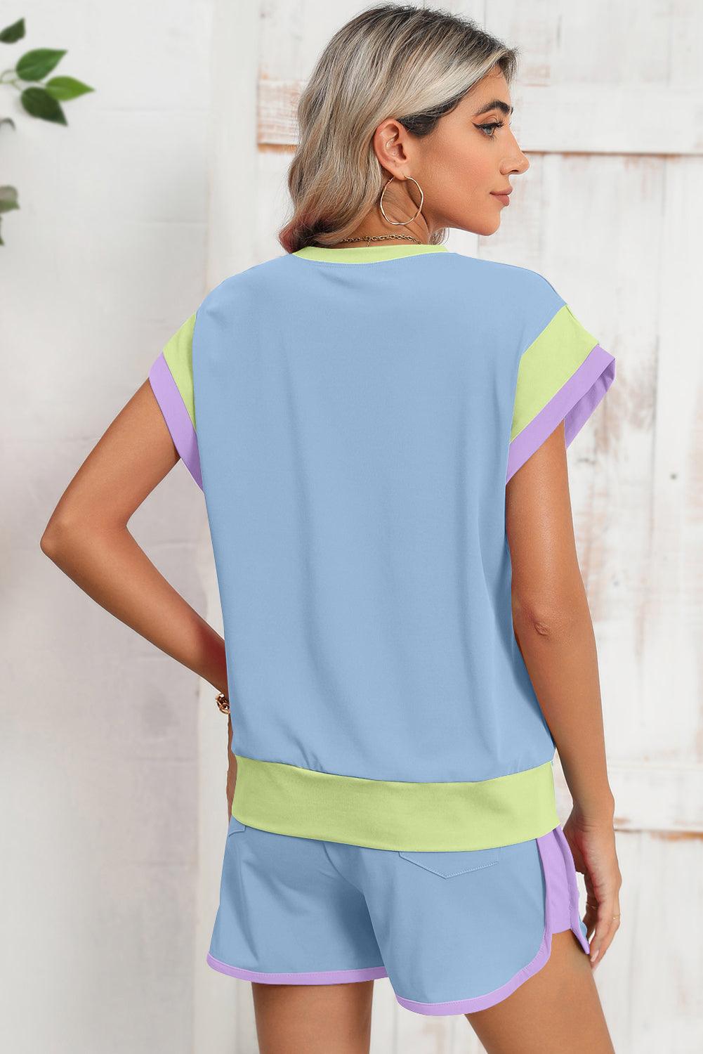Peach Blossom Color Block Loose Fit Top & Elastic Waist Shorts Set - The Fair Lady Shop