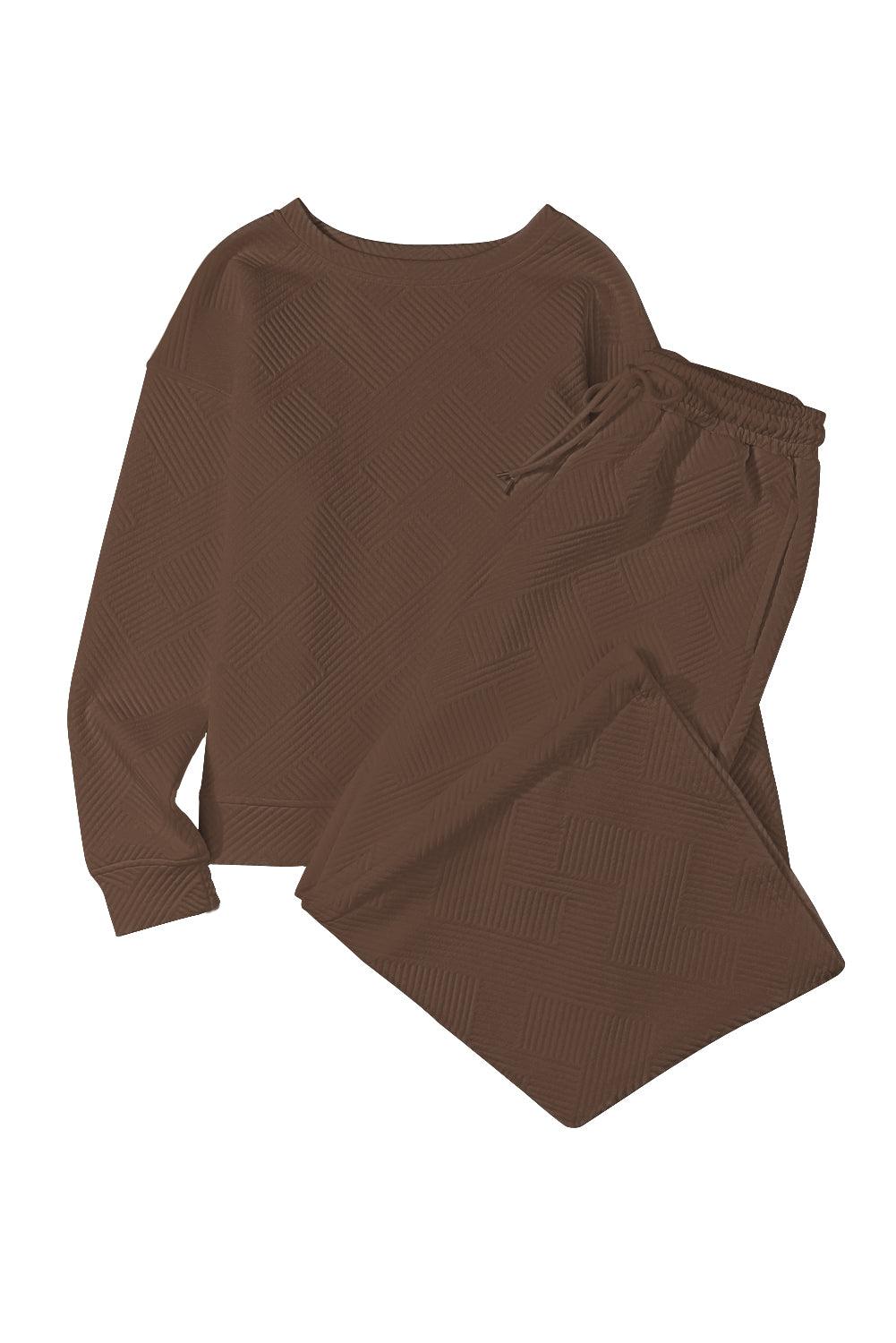 Dark Brown Textured Loose Slouchy Long Sleeve Top and Pants Set - The Fair Lady Shop