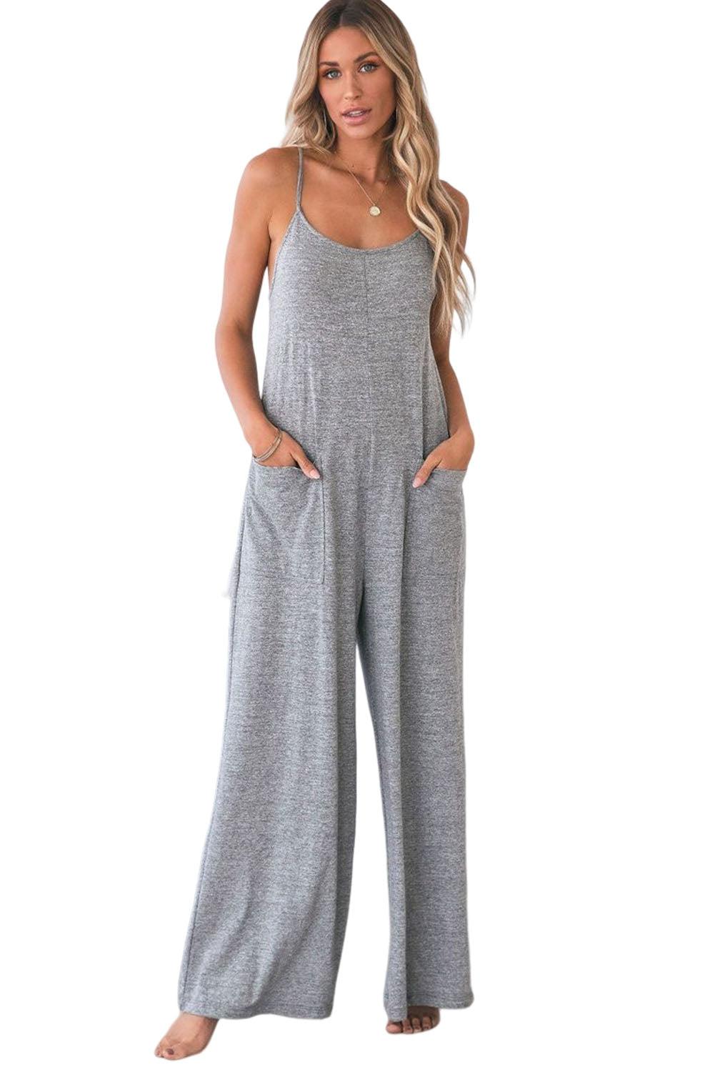Black Loose Fit Side Pockets Spaghetti Strap Wide Leg Jumpsuit - The Fair Lady Shop