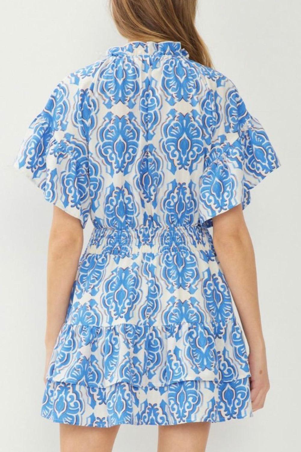 Ashleigh Blue Abstract Print Smocked Waist Tiered Mini Dress - The Fair Lady Shop