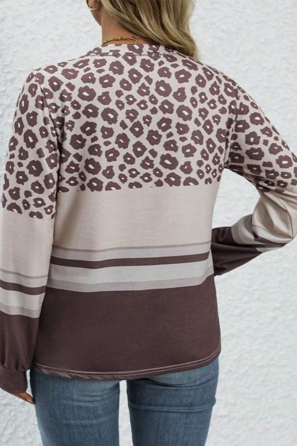 Coffee Plus Size Leopard Color Block Long Sleeve Top - The Fair Lady Shop