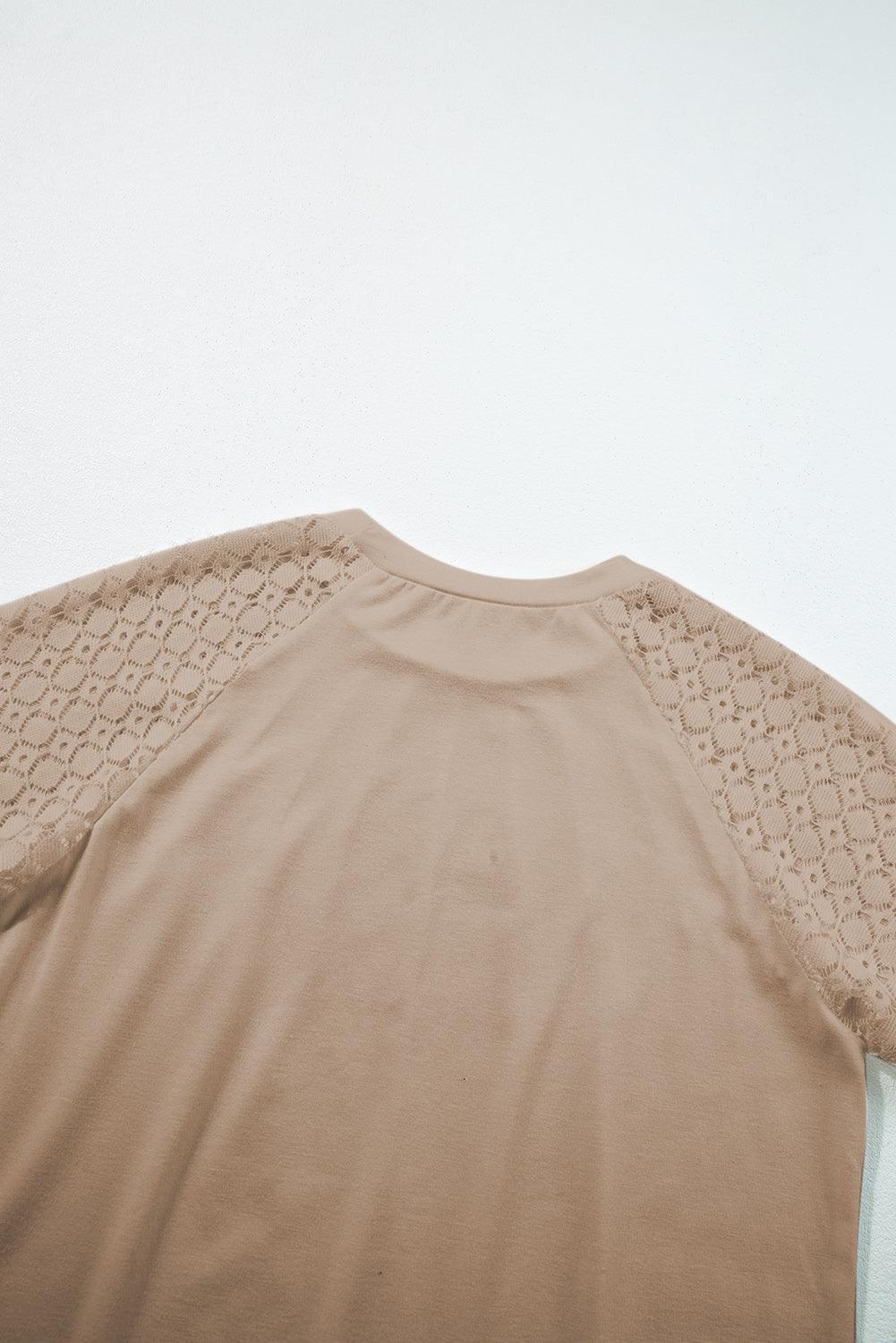Pale Khaki Seamed Detail Contrast Lace Raglan Sleeve Tee - The Fair Lady Shop