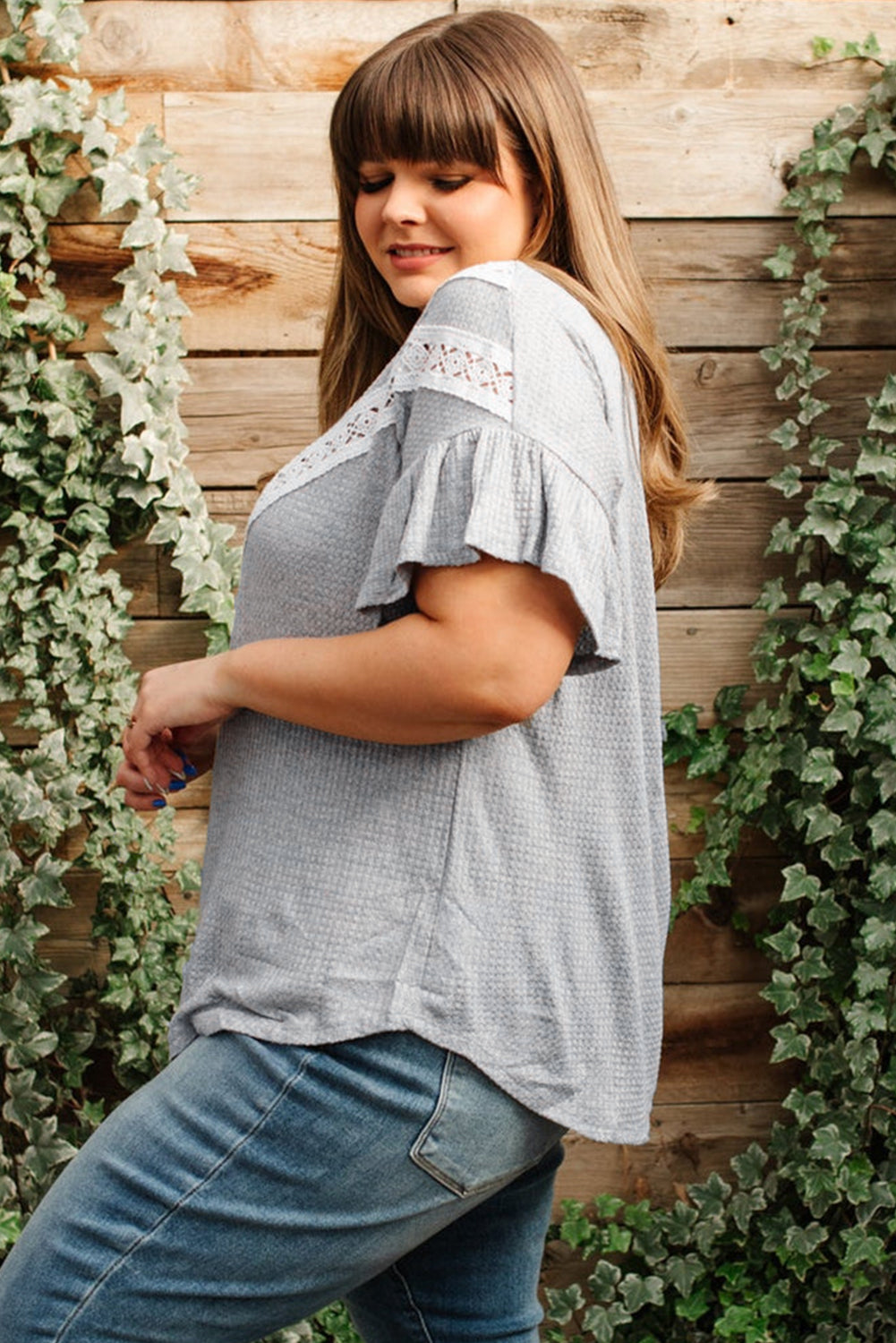 Light Grey Lace Patchwork Ruffle Sleeve Waffle Plus Size Top - The Fair Lady Shop