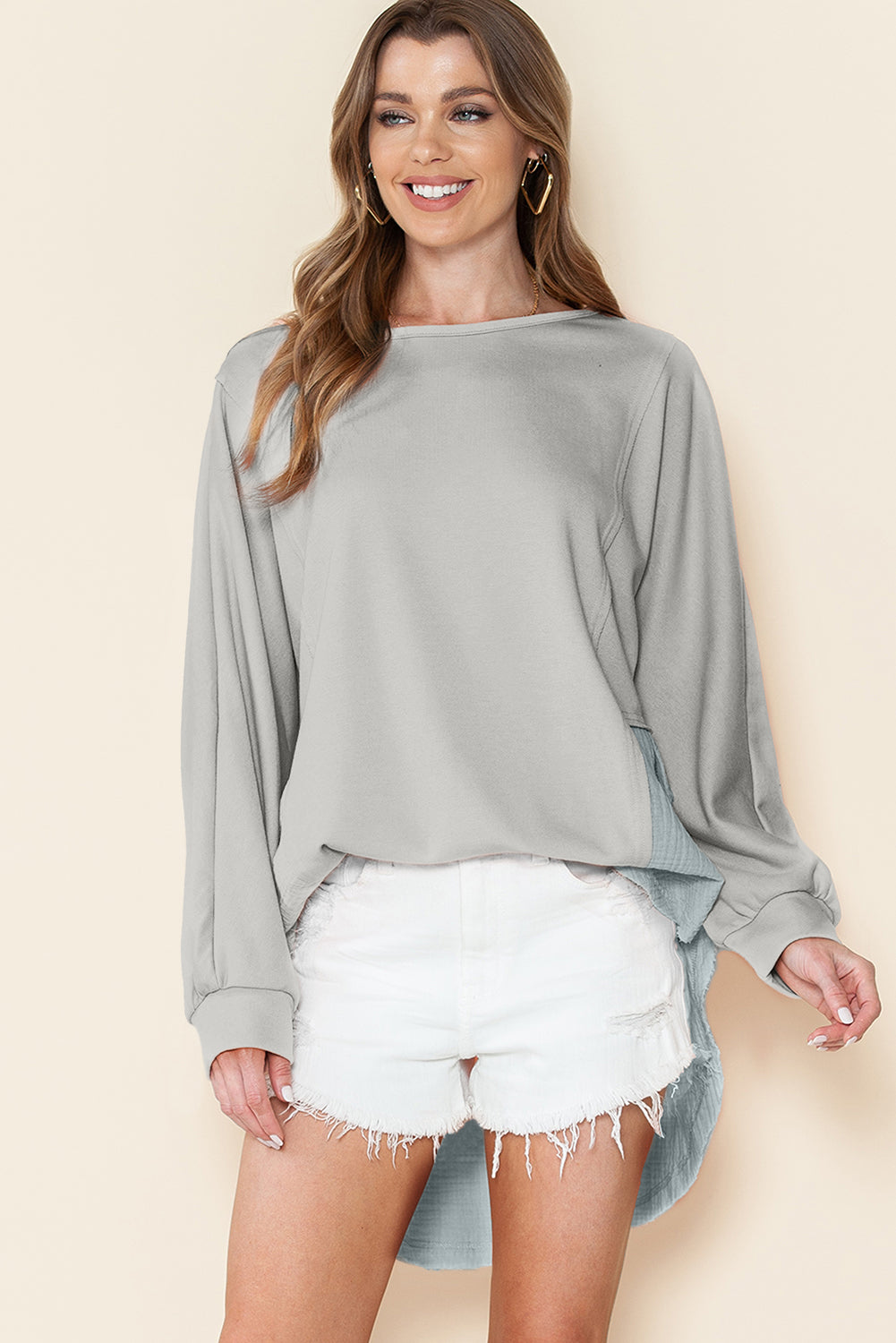 Grey Crinkled Patchwork Raw Hem Oversized Top - The Fair Lady Shop