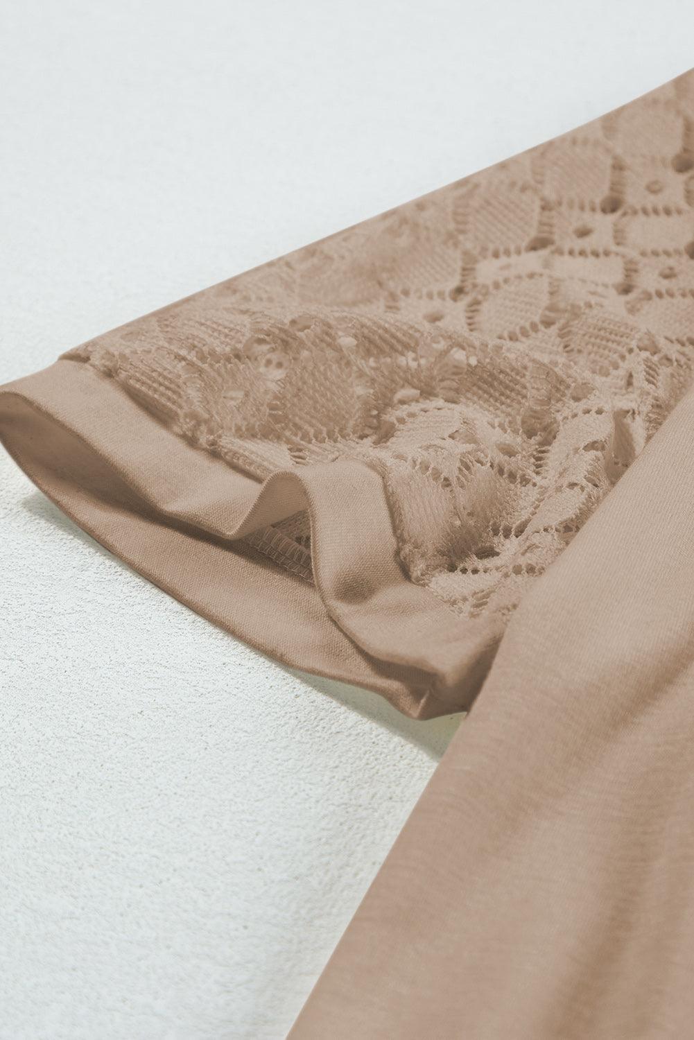 Pale Khaki Seamed Detail Contrast Lace Raglan Sleeve Tee - The Fair Lady Shop