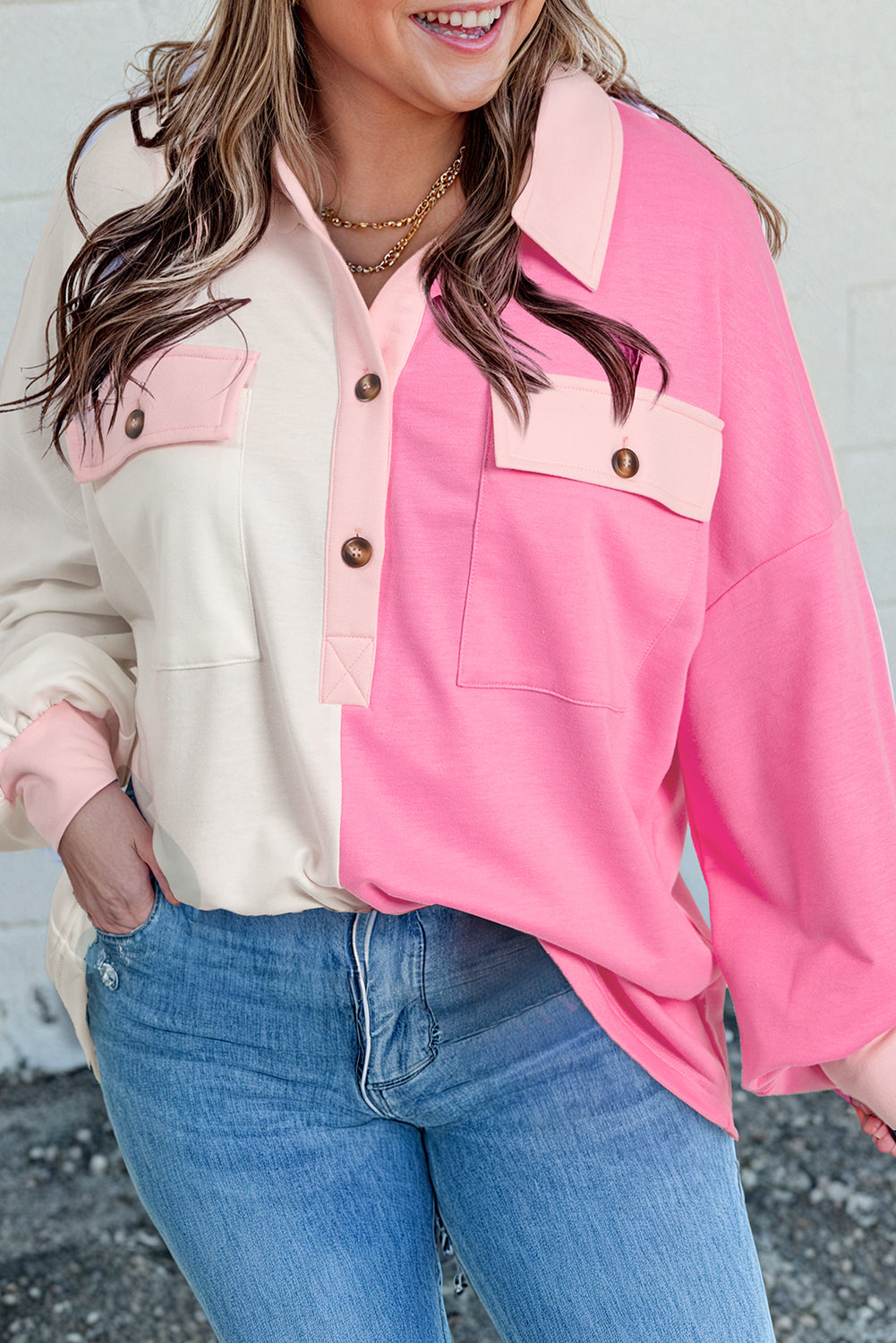 Bonbon Patchwork Pockets Half Button Plus Size Sweatshirt - The Fair Lady Shop