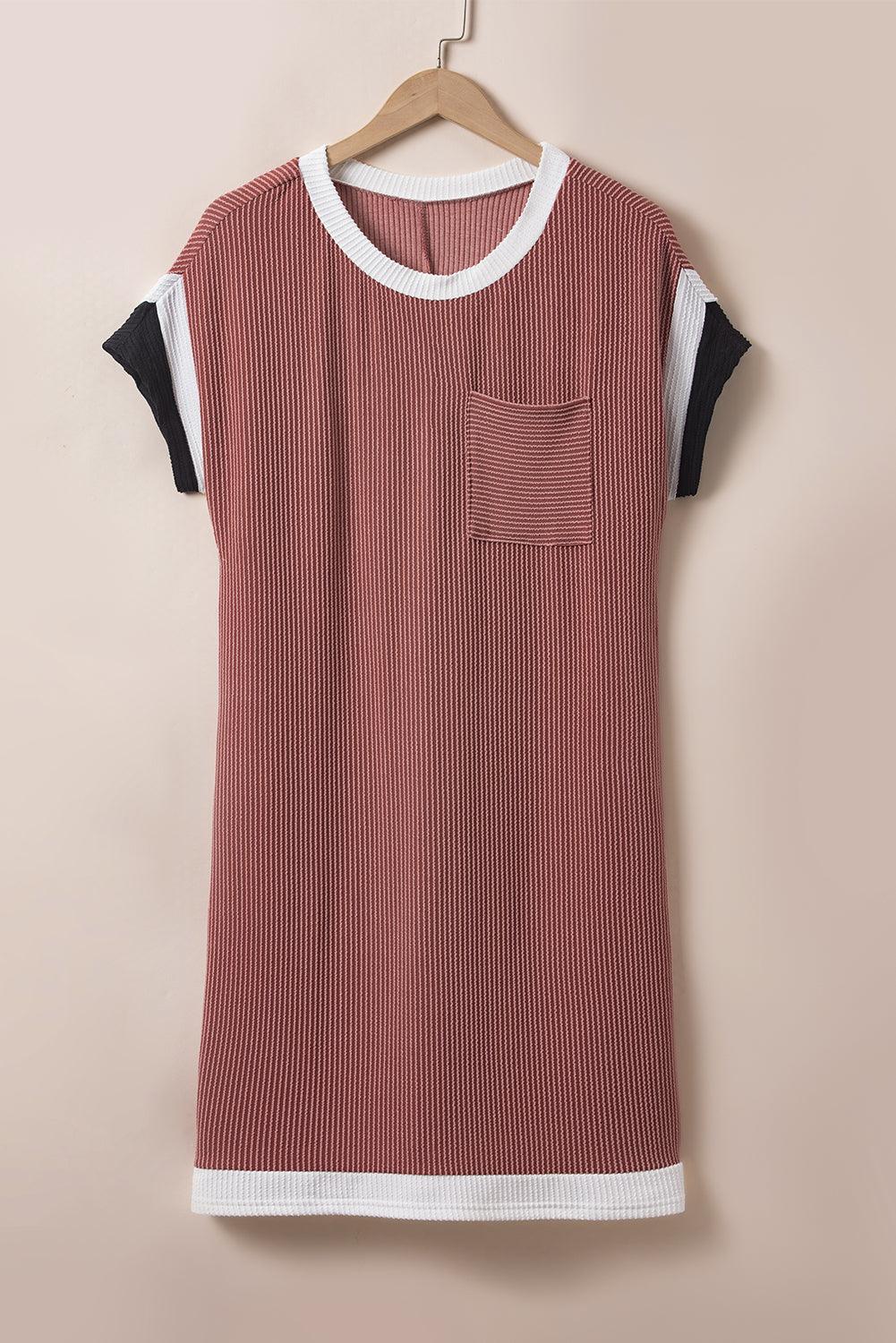 Light French Beige Rib Textured Colorblock Pocket T Shirt Dress - The Fair Lady Shop