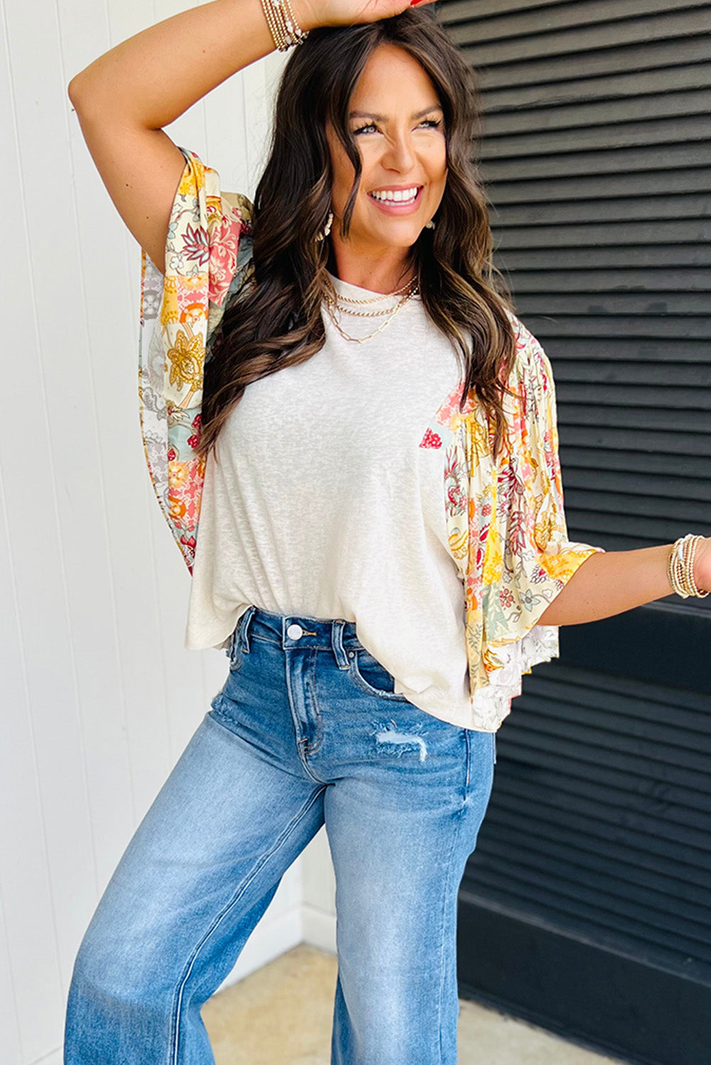 Beige Floral Patchwork Batwing Sleeve Blouse - The Fair Lady Shop