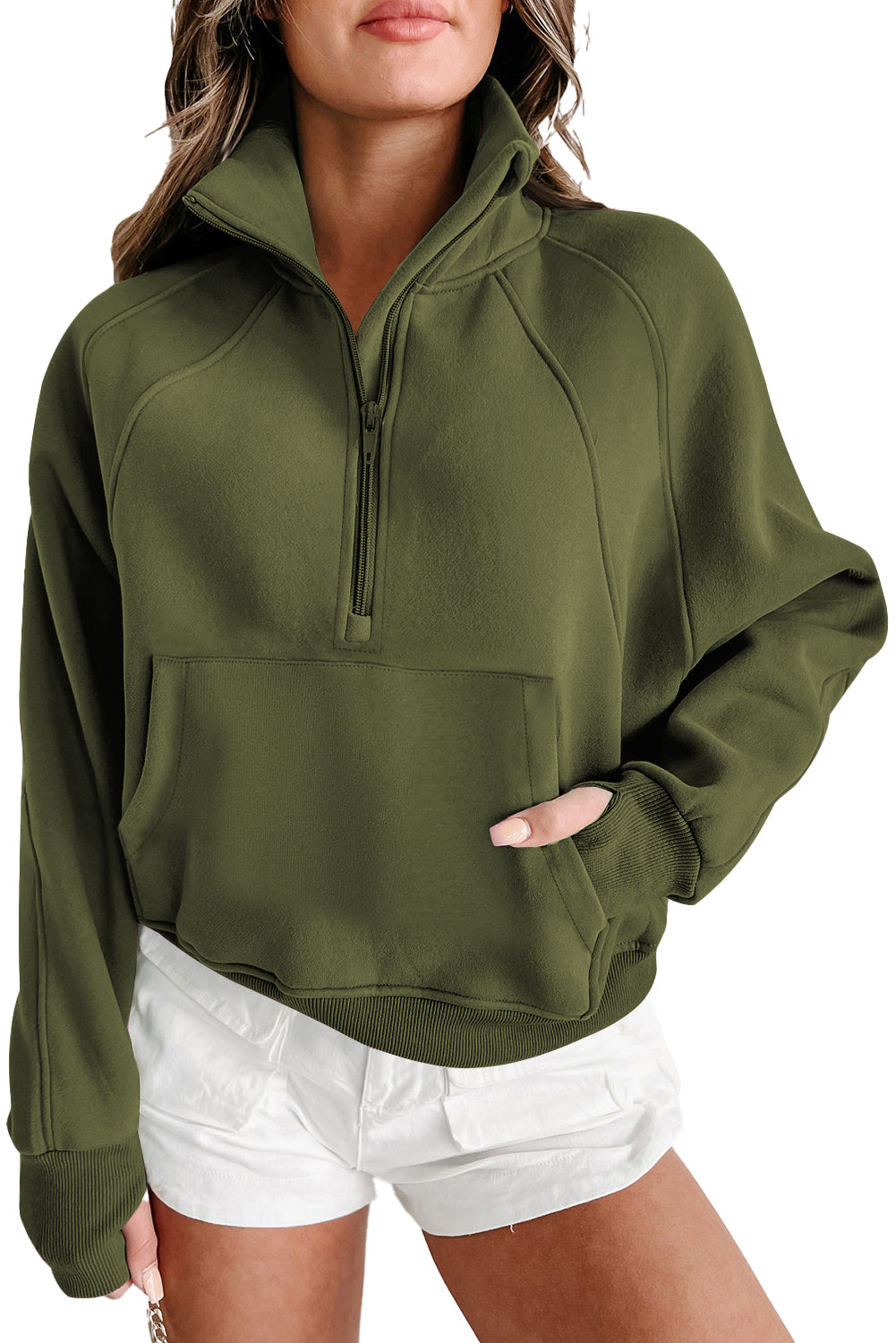 Green Zip Up Stand Collar Ribbed Thumbhole Sleeve Sweatshirt - The Fair Lady Shop