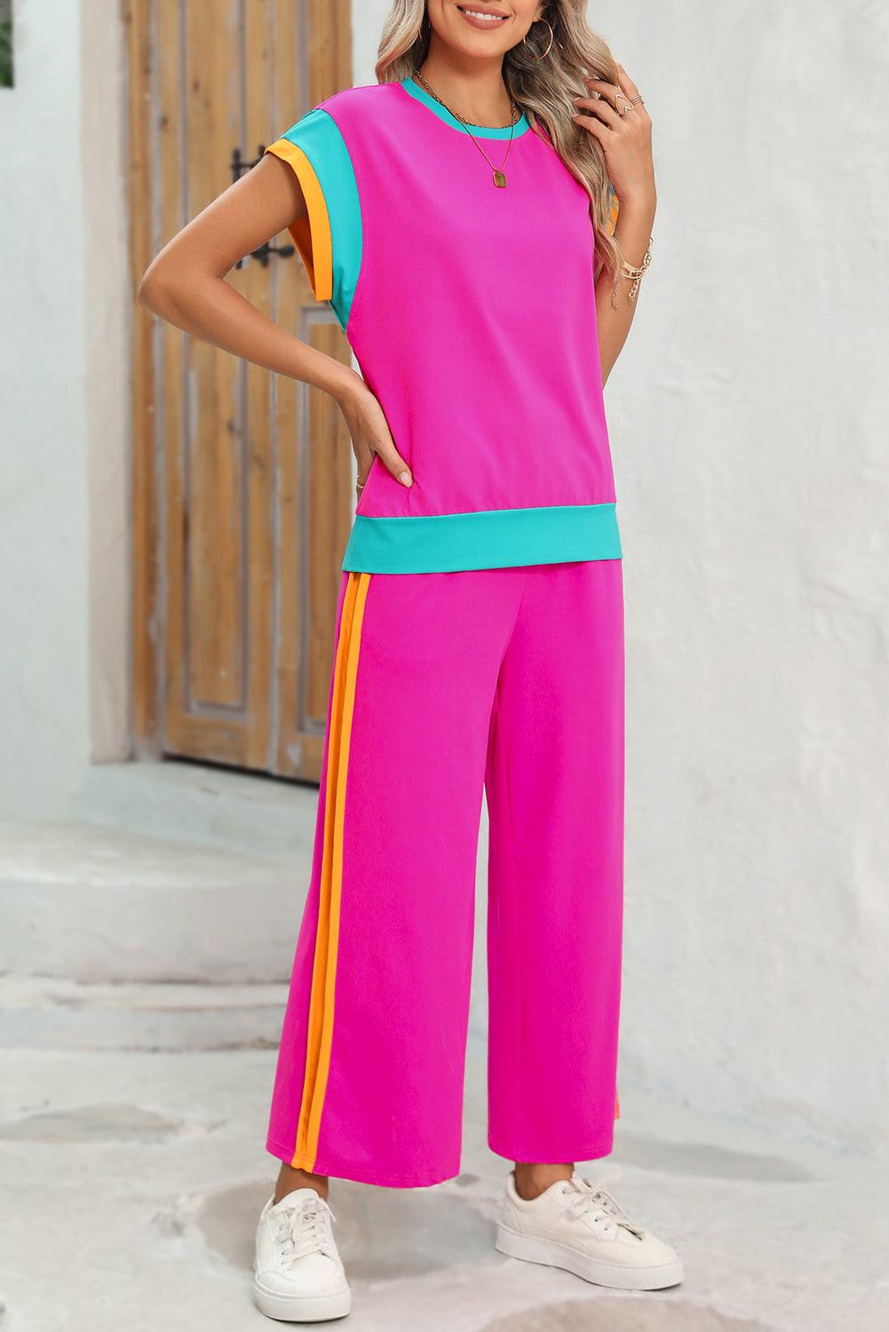 Chestnut Colorblock Cap Sleeve Tee and Wide Leg Pants Set - The Fair Lady Shop