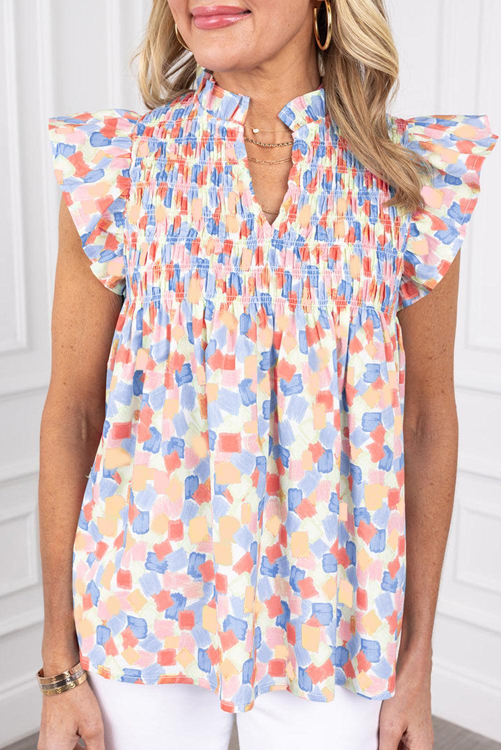 Pink Shirred Yoke Ruffle Abstract Blouse - The Fair Lady Shop