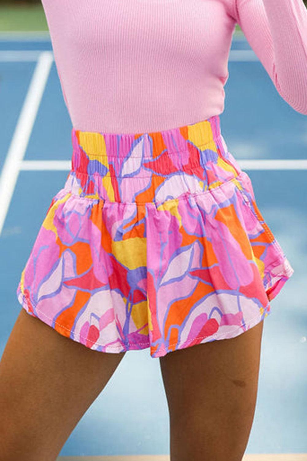 Purple Abstract Print Smocked Waist Flared Shorts - The Fair Lady Shop