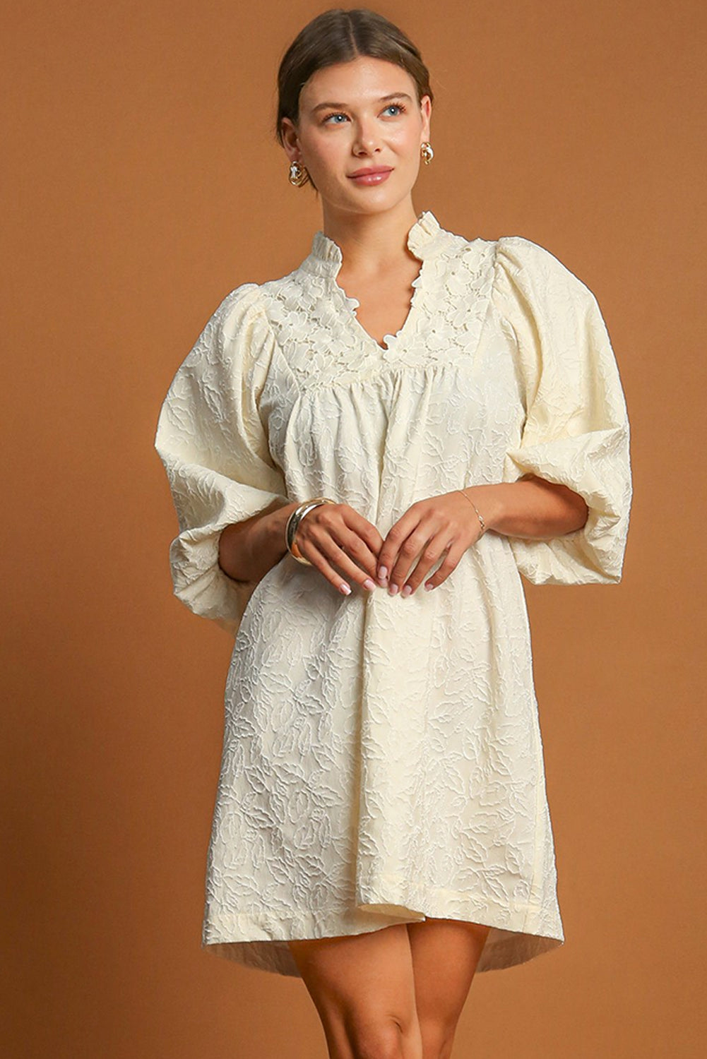 White Floral Textured Frill V Neck Mini Dress - The Fair Lady Shop