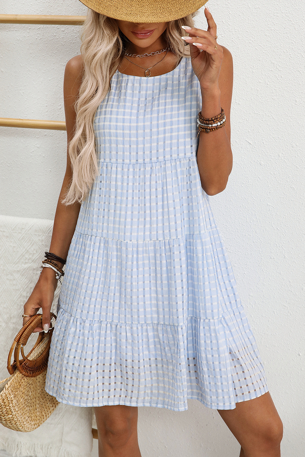 Light Blue Gingham High Waist Sleeveless Mini Dress - The Fair Lady Shop