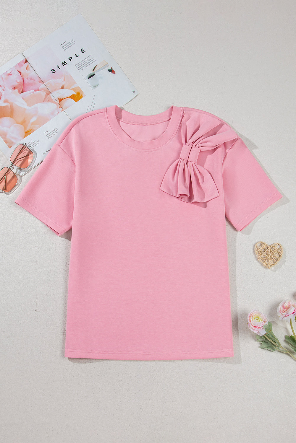 Pink Bow Applique Solid Color Sweet T-shirt - The Fair Lady Shop