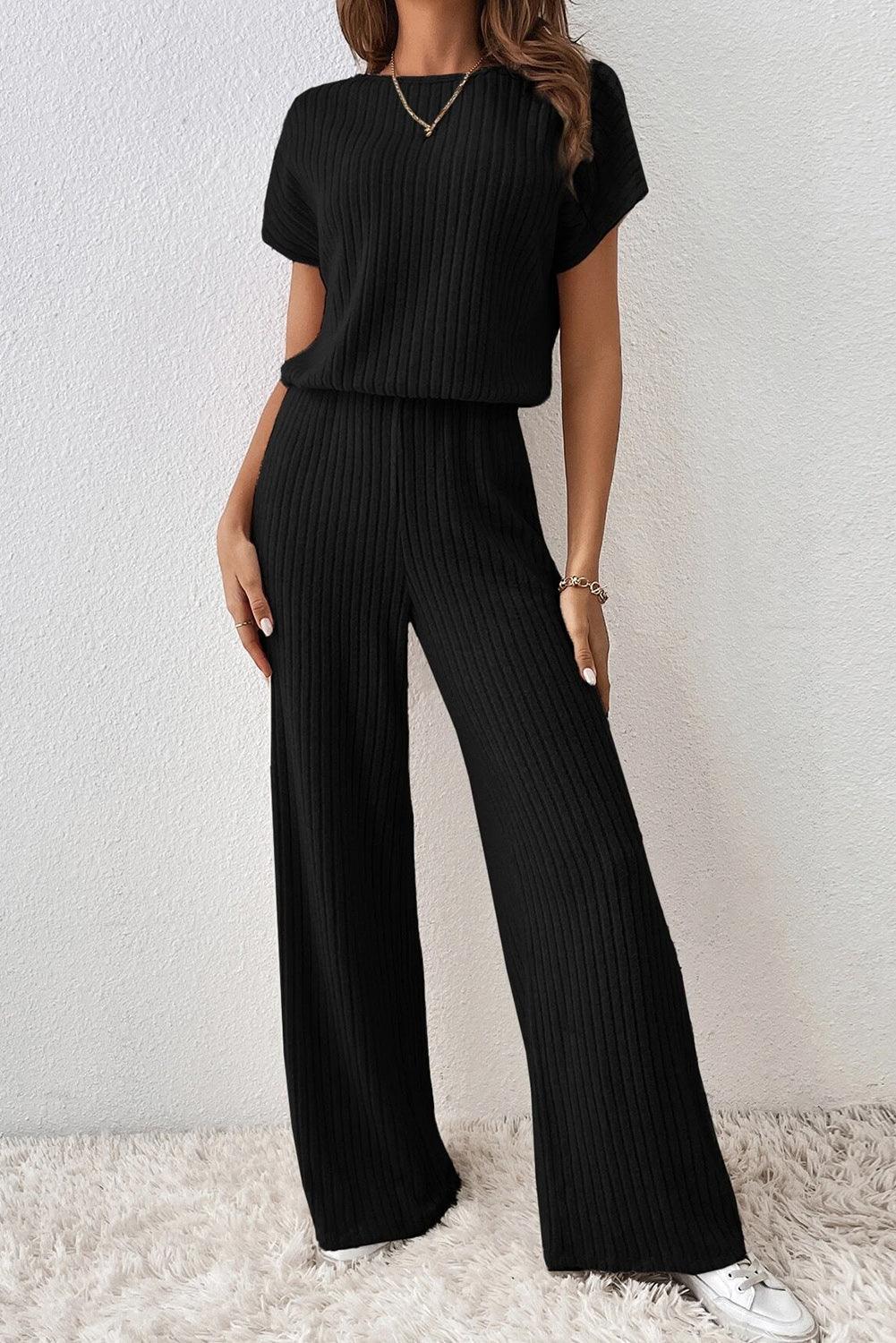 Grass Green Solid Color Ribbed Short Sleeve Wide Leg Jumpsuit - The Fair Lady Shop