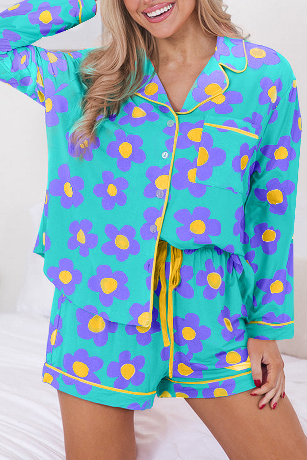 Green 60s Flower Print Buttoned Shirt and Drawstring Waist Pajama Set - The Fair Lady Shop