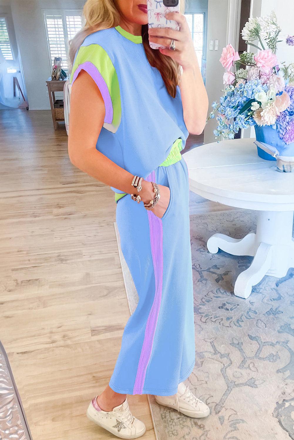 Chestnut Colorblock Cap Sleeve Tee and Wide Leg Pants Set - The Fair Lady Shop