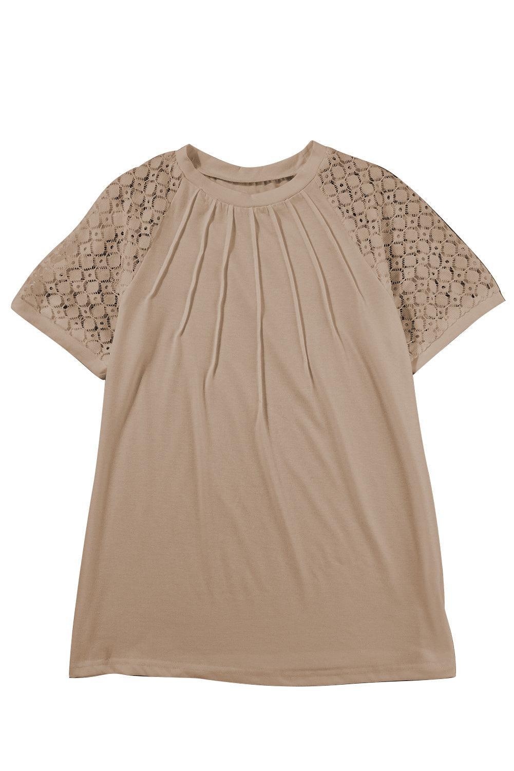 Pale Khaki Seamed Detail Contrast Lace Raglan Sleeve Tee - The Fair Lady Shop