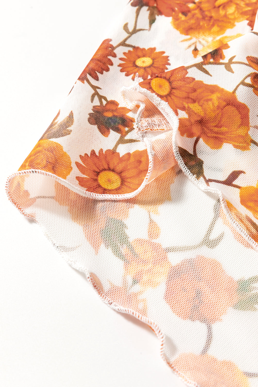 Orange Floral Print Bell Sleeve Mock Neck Scallop Trim Blouse - The Fair Lady Shop