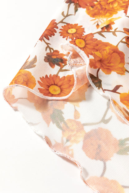 Orange Floral Print Bell Sleeve Mock Neck Scallop Trim Blouse - The Fair Lady Shop