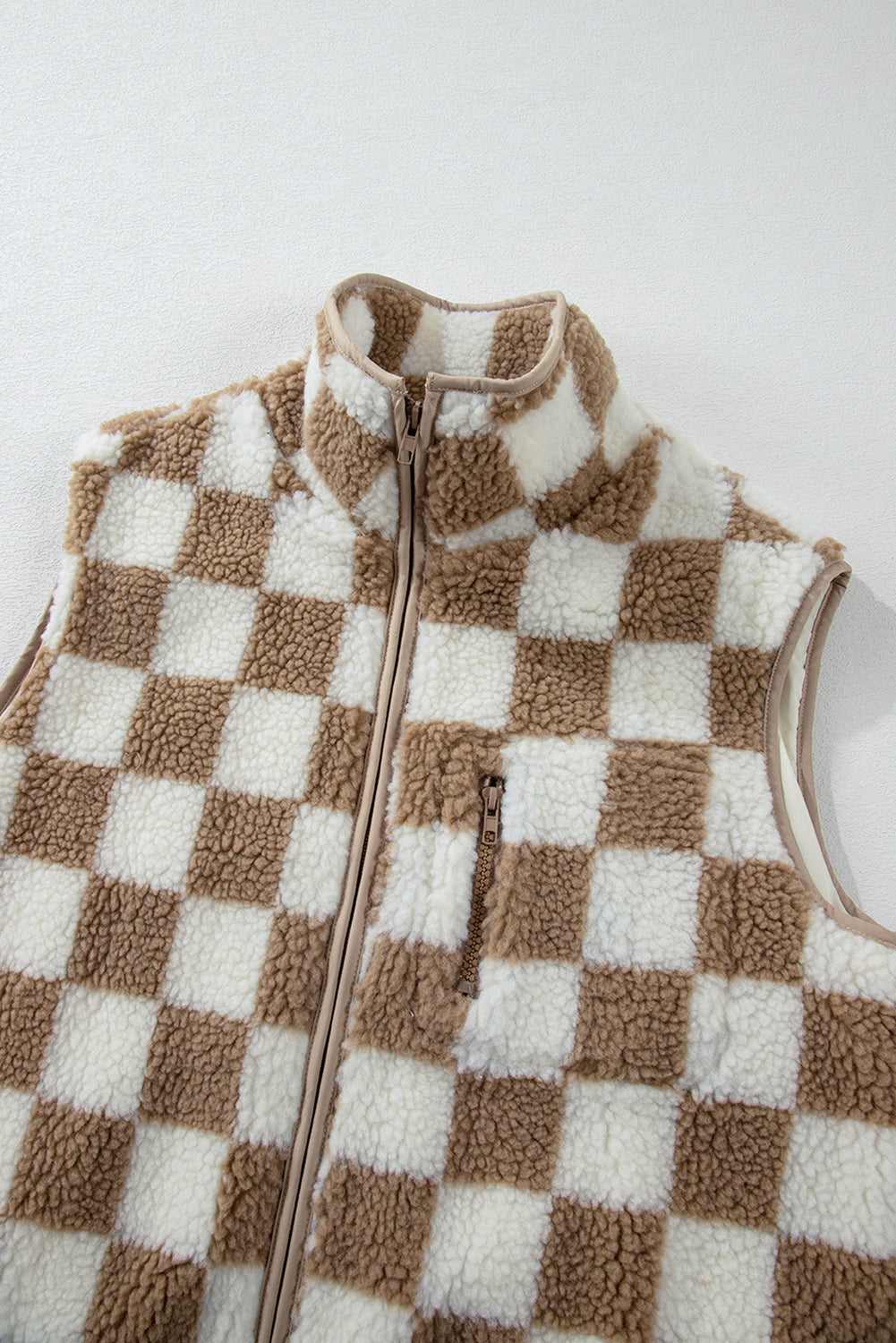 Khaki Checkered Sherpa Collared Jacket Vest - The Fair Lady Shop