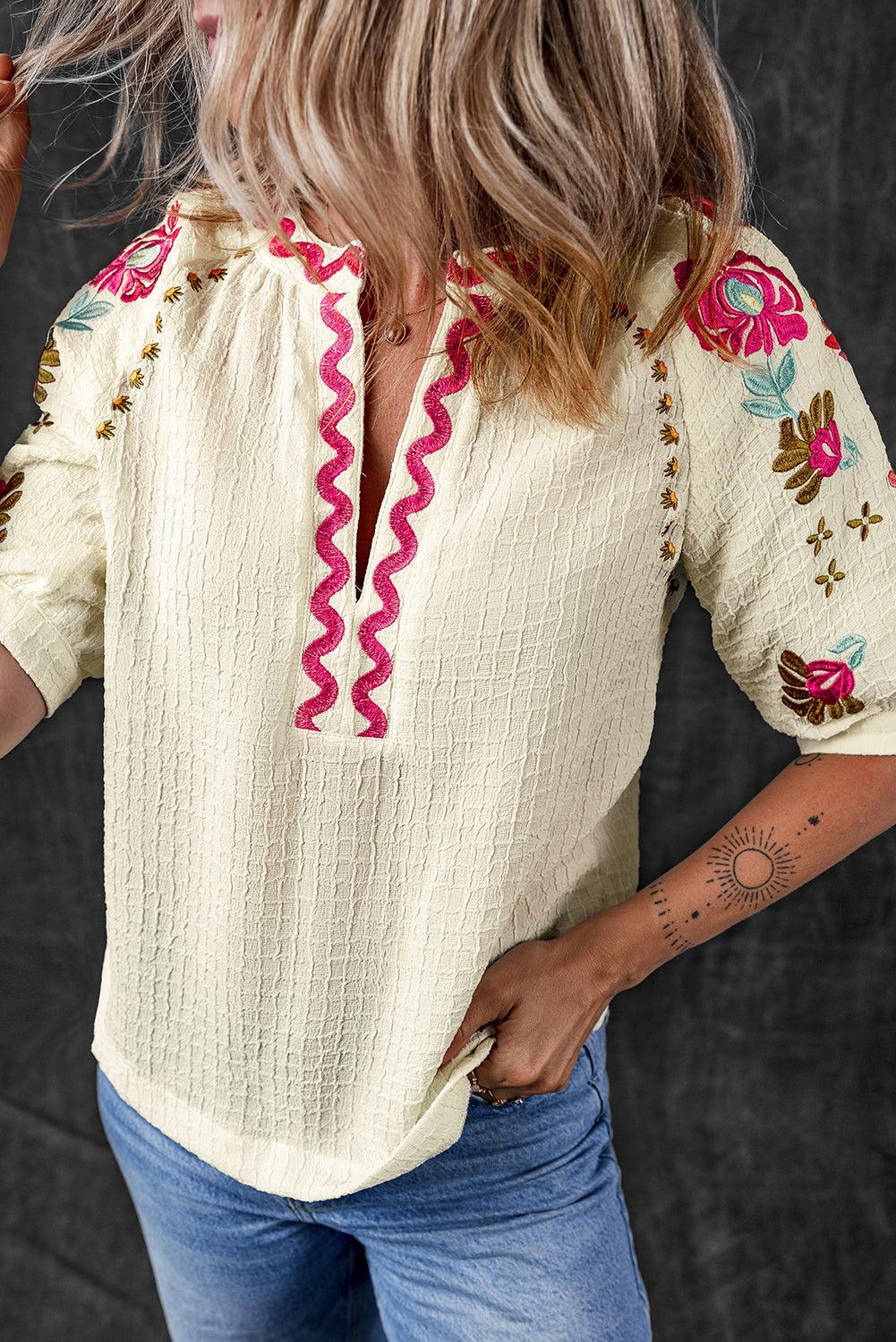 White Floral Embroidered Ricrac Puff Sleeve Textured Blouse - The Fair Lady Shop