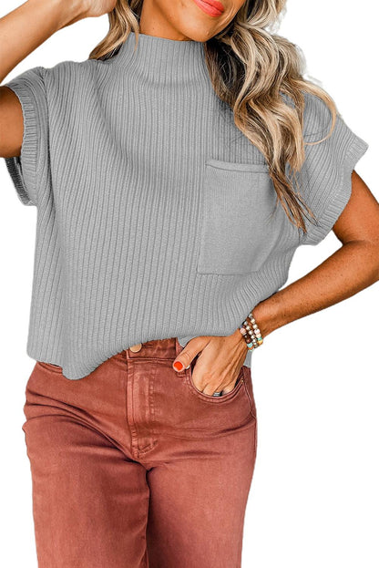 Green Patch Pocket Ribbed Knit Short Sleeve Sweater - The Fair Lady Shop