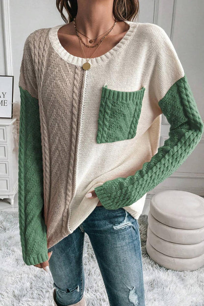 Rose Tan Colorblock Pocket Drop Shoulder Sweater - The Fair Lady Shop