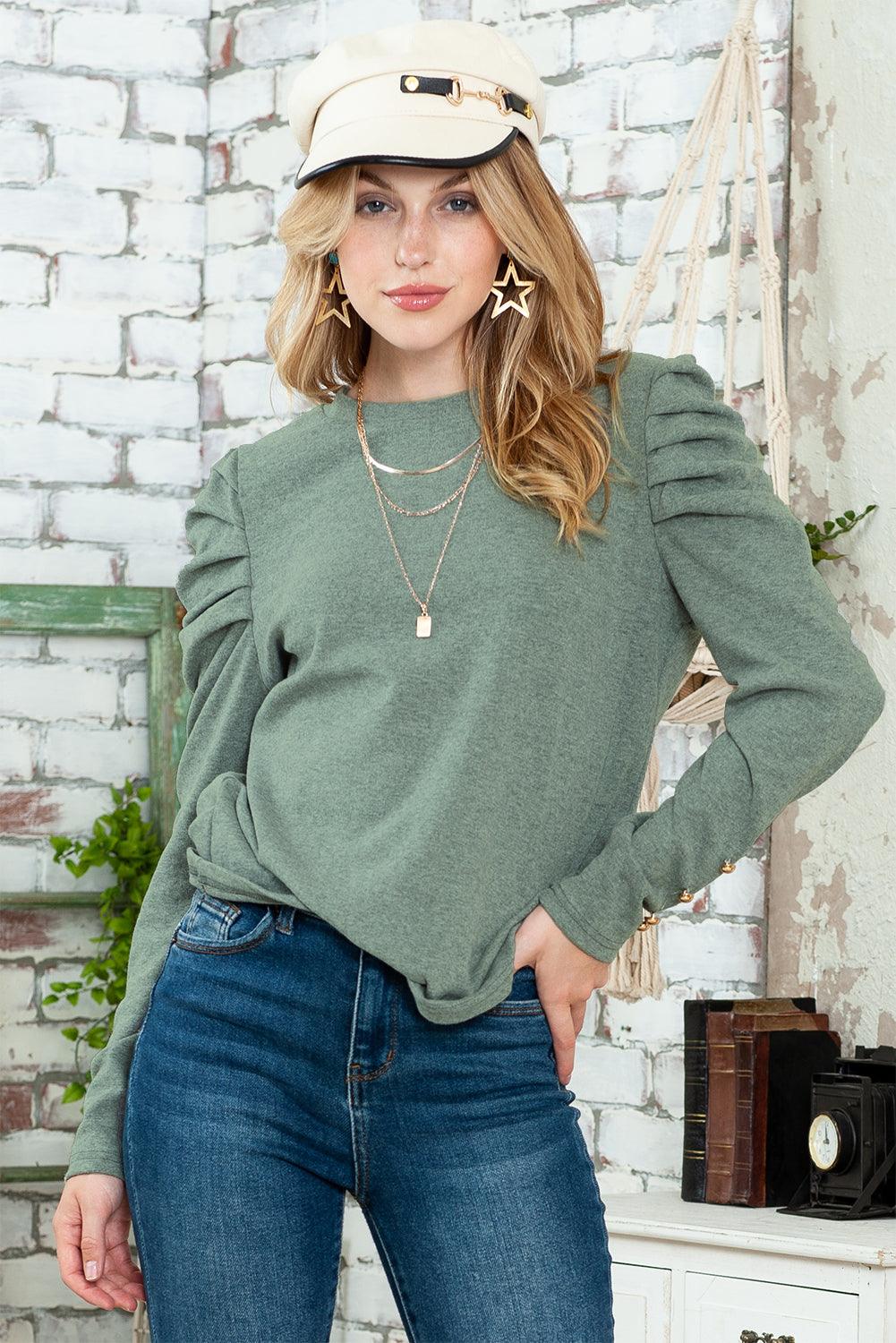 Khaki Plain Buttoned Puff Long Sleeve Sheath Top - The Fair Lady Shop