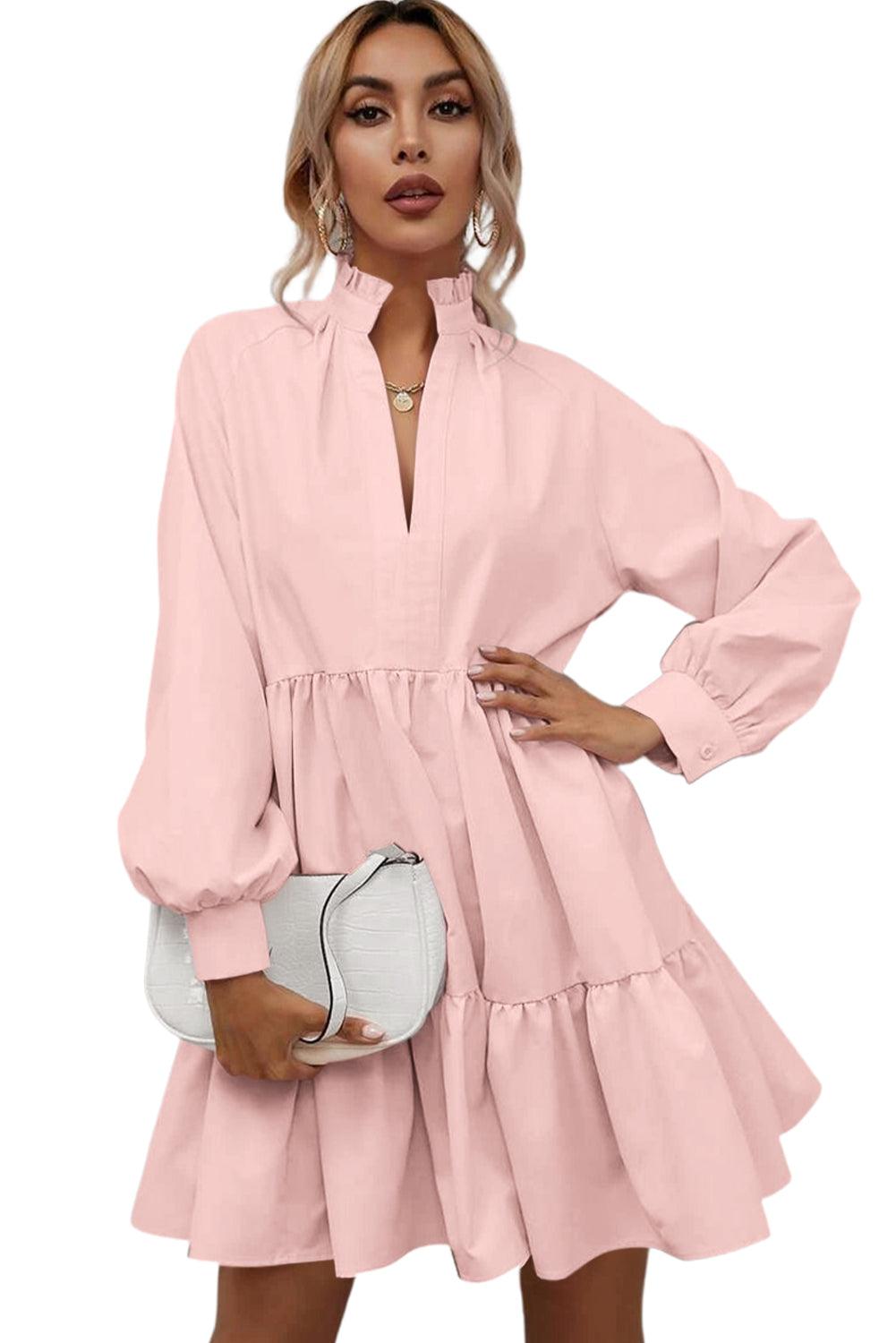 Pink Casual Stand V Neck Short Frill Dress - The Fair Lady Shop