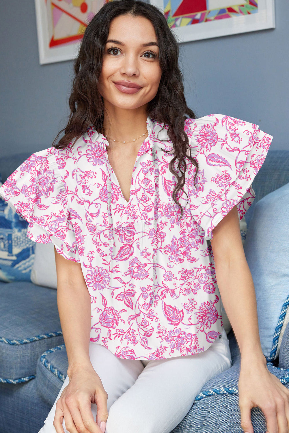Pink Ruffle Sleeve Frill V Neck Boho Floral Blouse - The Fair Lady Shop