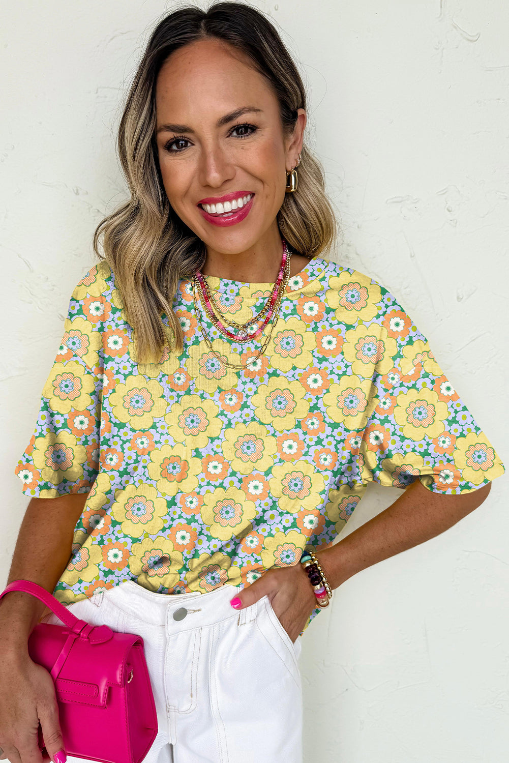 Yellow Summer Flower Print Drop Shoulder Loose T Shirt - The Fair Lady Shop