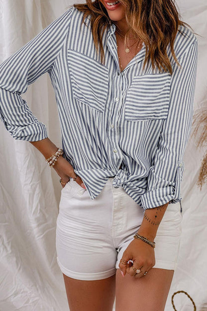 Blue Striped Chic Pockets Roll Up Sleeve Buttons Front Shirt - The Fair Lady Shop