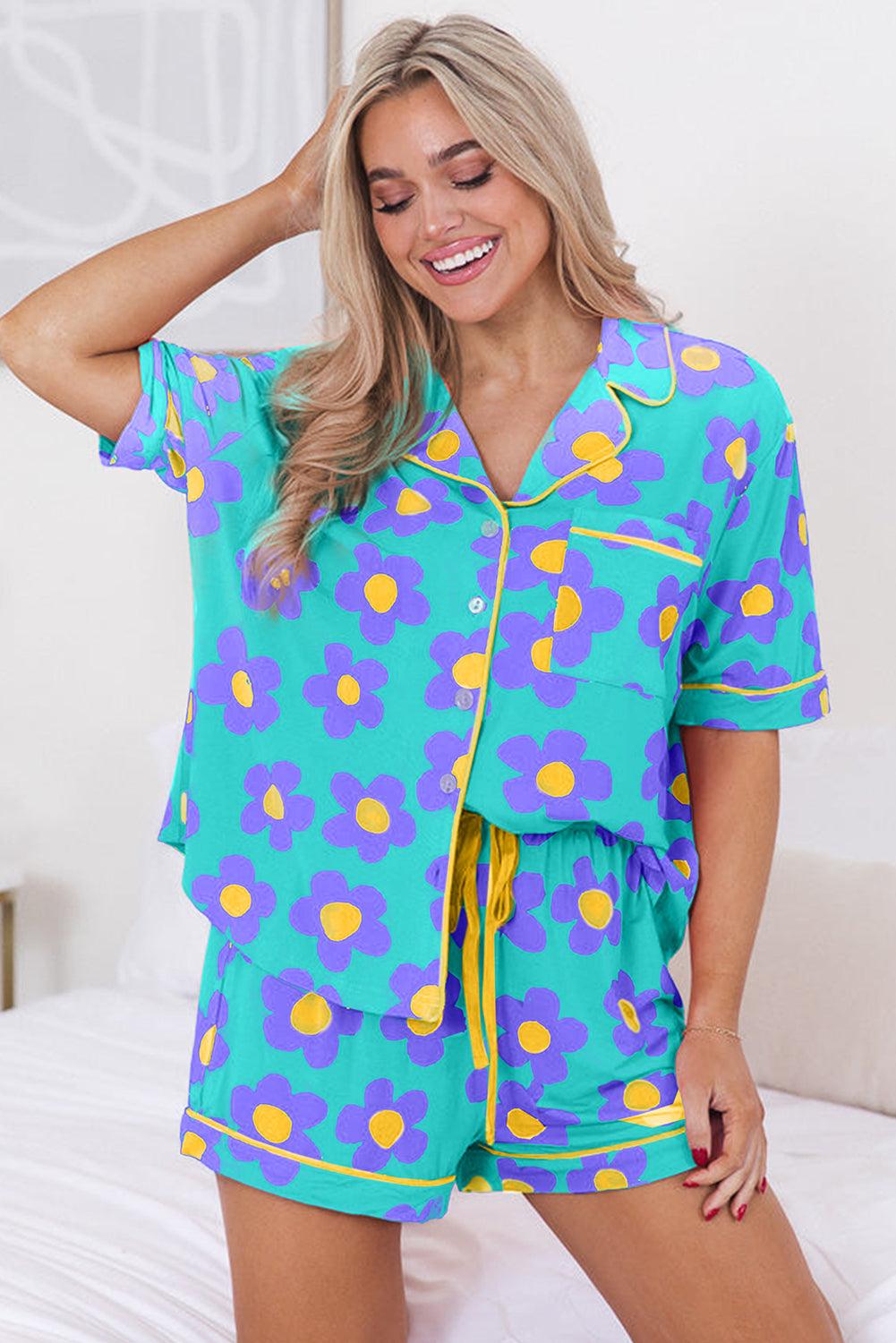 Green Flower Print Buttoned Shirt and Drawstring Waist Pajama Set - The Fair Lady Shop